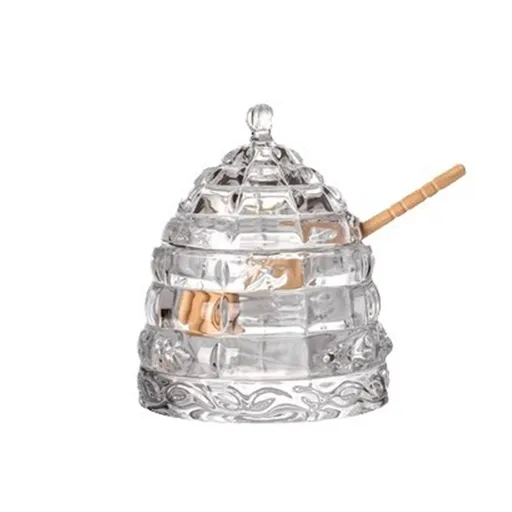 Elegant Glass 1 Wooden Dipper Beehive Design | Perfect for Sugar, Marmalade & Jam | Durable & Stylish Multipurpose Pot with Lid（white）