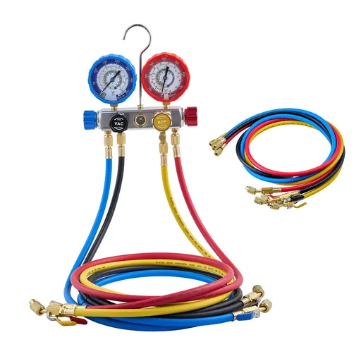 AC Manifold Gauge Set 4 Way for R22 R404A R410A R12 with 1.5 m Hoses for Automotive and Household Air Conditioning Maintenance