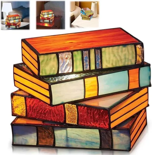 Stained Glass Stacked Books Lamp, Stained Glass Night Light, Stacked Books Glass Lamp, Vintage Glass Nightstand Desk Lamps