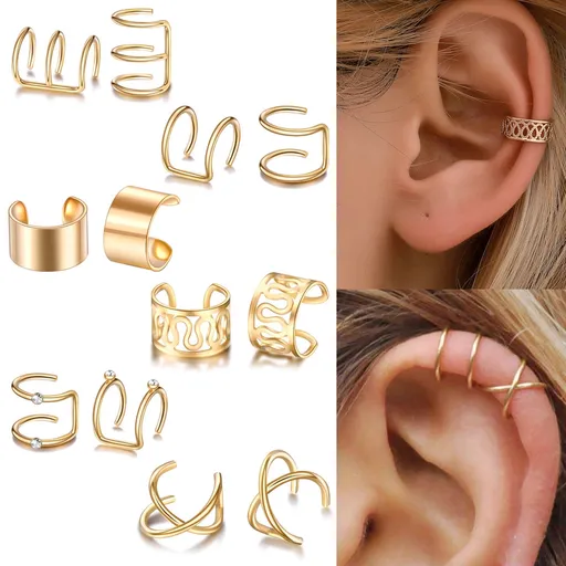 Men Women Ear Cuff Wrap Earrings, 12 Pieces Gold