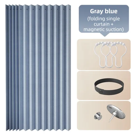 120 X 180 CM Gray Blue Linen-Look Dust Drill-Free Pull-Curtain - Folding Doorless Closet Divider with Magnetic Closure & Hanging Rings
