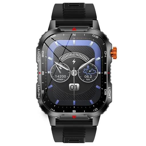 Rugged Outdoor Smart Watch for Men - 1100mAh Extra Long Battery with LED Flashlight & Compass - 2.01" HD Screen Bluetooth Calling IP68 Waterproof Fitness Tracker - Black