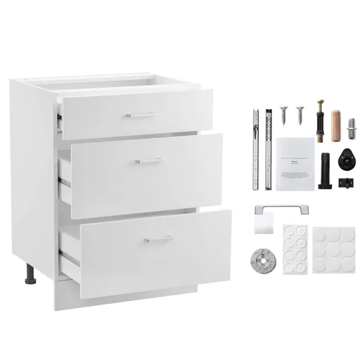 White Shaker Base Cabinet with 3 Drawers, 60 cm Unassembled Drawer Base Cabinet, 60 W x 48 D x 82 H Ready to Assemble Cabinet with Soft-Close Drawer Slides, for Home Office