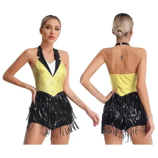 House Of Dasein Womens Jazz Latin Dance Performance Costume Halter Backless Sequins Jumpsuit - Yellow - M