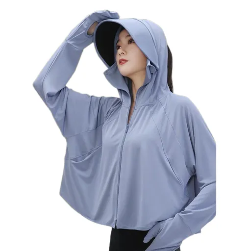 Blue UPF50+ Sun Protection Hoodie for Women - Breathable Polyester Long Sleeve Cover-Up with Detachable Brim and Face Mask, Lightweight 300g Design for Outdoor Cycling Beach Travel