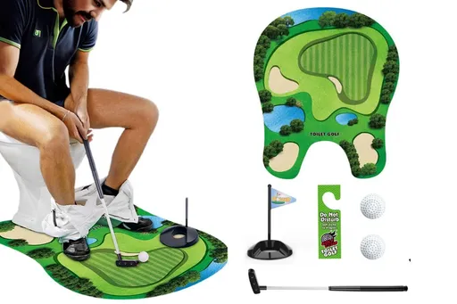 Toilet Golf Game Toilet Golf Toys Set with Practice Mat Golf Club 2 Balls Bathroom Practice Mini Golf in Restroom