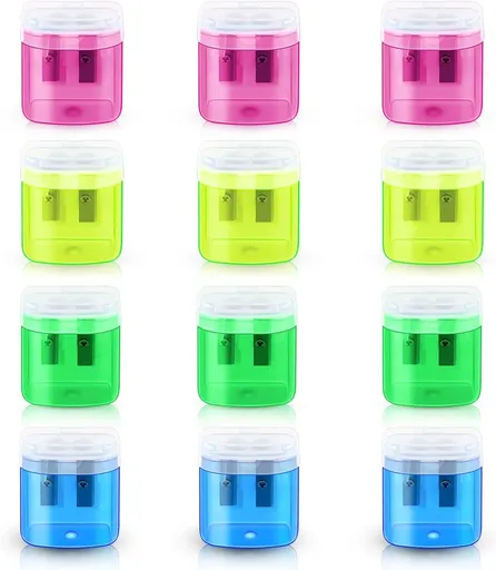 12 Pack Manual Pencil Sharpener for School Office Home Classroom Colored Dual Holes Pencils Sharpeners with Lid Kids Portable Colorful Handheld Bulk Adults Students (4 Colors)
