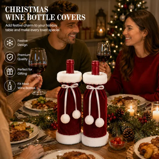 2 Pack Red Christmas Velvet Wine Bottle Covers with Faux Fur Trim Reusable Wine Bottle Gift Bags for Holiday Table Decor and Christmas Party Decorations
