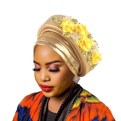 Women's Luxury Gold Turban Hat with Beaded Floral Embellishments Pre-Tied African Style Headwrap for Weddings Parties & Special Occasions
