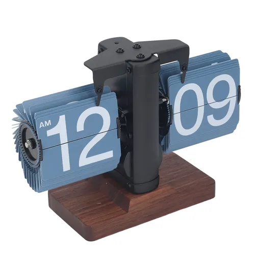 Digital Flip Desk Clock 12 Hours Single Sided Battery Powered Retro Mechanical Auto Flip Down Clock with Wood Base for Living Room Office Black Frame Blue Pages
