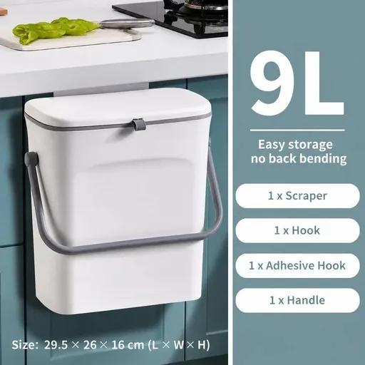 Wall Mount Hanging Waste Bin With Handle, Cabinet Door Hook Design, 9L, White, Creative Garbage Container For Kitchen & Living Room, Daily Household Gift