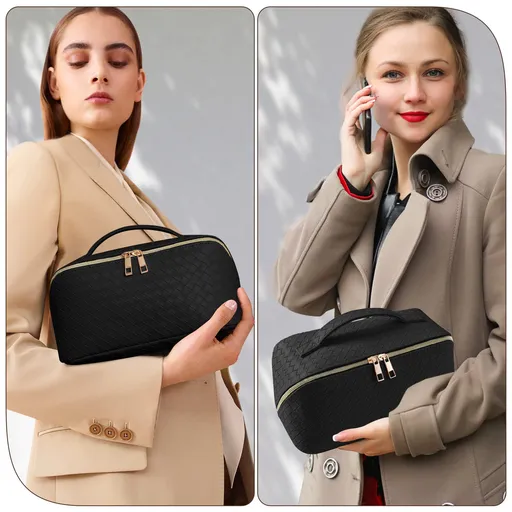 Leather Waterproof Cosmetic Bag, Women Portable Travel Makeup Bag With Handle and Divider Flat Lay Makeup Organizer Bag (Black)