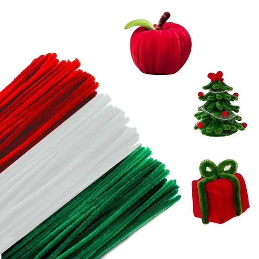 300 Pack 30 cm Chenille Pipe Cleaners, Green Red and White Craft Wires for DIY Projects, Gift Making and Christmas Decorations
