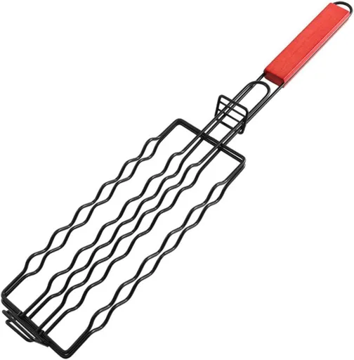 Hot Dog Holders for Grilling,6 Hotdog BBQ Basket Stainless Steel Barbecue Mesh Clip, Removable Heat-Resistant Wooden Handle for Sausages, Steak, Vegetables Cooking