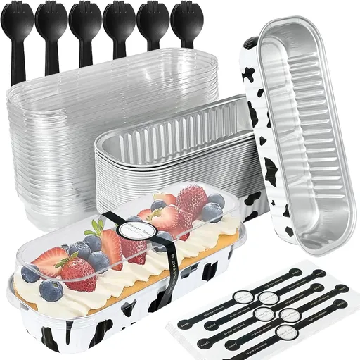 30Pcs Mini Loaf Pans with Lids,Mini Cake Pans with Lids and Spoons,Mini Aluminum Pans with Lids,Small Cake Pans with Lids for Valentine's Day (30, cow print)