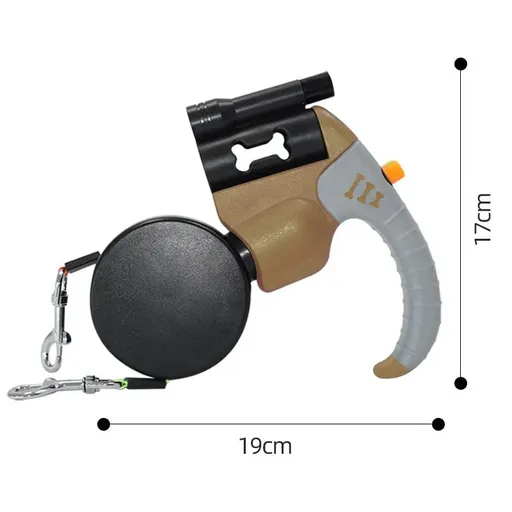 Dual-Head Retractable Dog Leash with Bright LED Flashlight and Built-in Waste Bag Dispenser – Walk Two Dogs Safely at Night with 360° Tangle-Free Control and Reflective Webbing (Brown‑Gray)