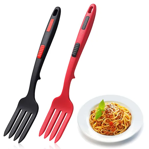 2PCS Silicone Flexible Fork, Heat-Resistant Cooking Fork Tools Dishwasher Safe Kitchen Fork Kitchen Non Stick Fork (Black, Red)