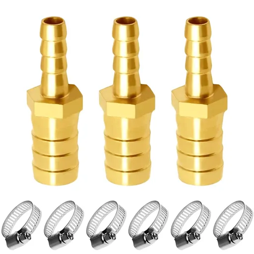 Brass Hose Barb reducer 3/8" to 5/16" ID hose Barb Fitting Hex Splicer Mender Union Air Water Fuel with hose clamps Tubing Adapter (Pack of 3)