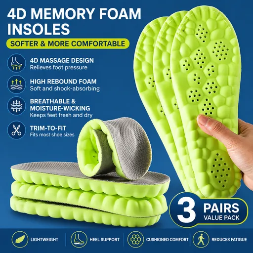 3 Pairs Green and Grey 4D Cloud Insoles for Men and Women Insoles Super Soft Anti-Fatigue, Shock Absorption, Relieve Foot Pain (AU 12–13)