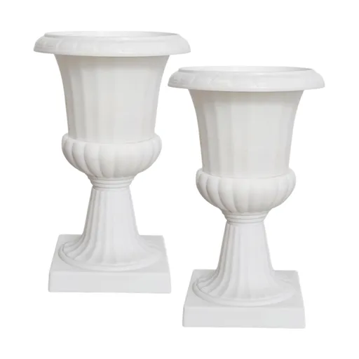 White Urn Planter Flower Pots, Classic Plastic Tall Planter, Wedding Party Porch Front Door Decorative 2 Pack B