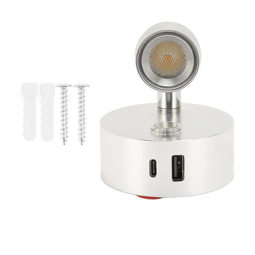 RV Reading Light with USB Type C Port Blue Nightlight 3 Color Dimming Boat Reading Lamp Polished Surface Touch Switch DC12‑24V Silver