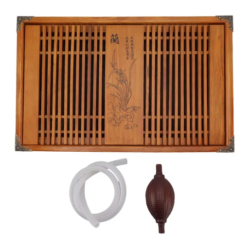 Tea Tray Chinese Gongfu Tea Tray Wood Drainage Water Storage 28x43cm Yellow Orchid