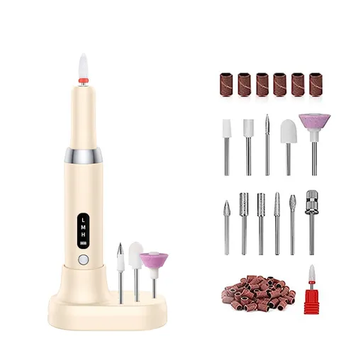 Electric Nail Drill Machine Cordless Portable E-File Kit with Charging Base LED Display 3 Speeds 15000RPM for Gel Polish Acrylic Removal Manicure Pedicure Home Khaki