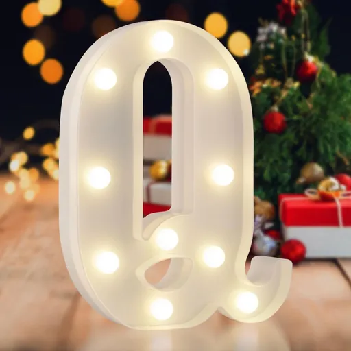 Sign letter Q, warm white, 26 letters, 10 numbers, heart and & symbol; for birthday, party, Christmas, home, bar, wedding decoration; DIY word combinations; wall & tabletop display; battery operated.