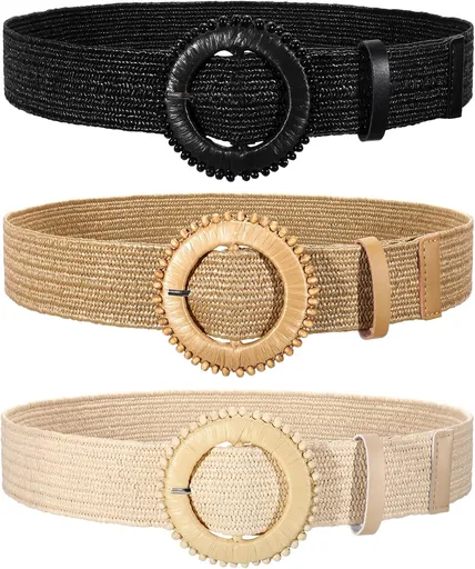 3 Pack Straw Woven Stretch Belt for Women,Raffia Elastic Belt for Dress Wide Boho Waist Belt with Round Buckle
