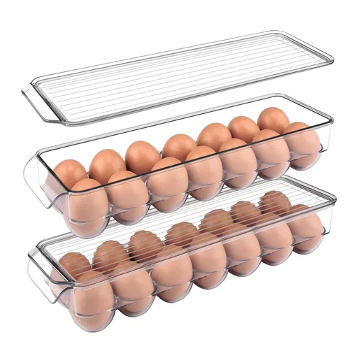 Pack of 2 - Egg Basket for fridge - Egg Holder for Fridge - 14 Egg Container With Lid & Handle, Egg Container For Refrigerator, Stackable Plastic Egg Tray with Lids (Clear)