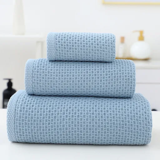 Blue Premium 3-Piece Waffle Weave Cotton Towel Set - Lightweight, Quick-Dry & Absorbent - Bath, Hand, Face Cloth
