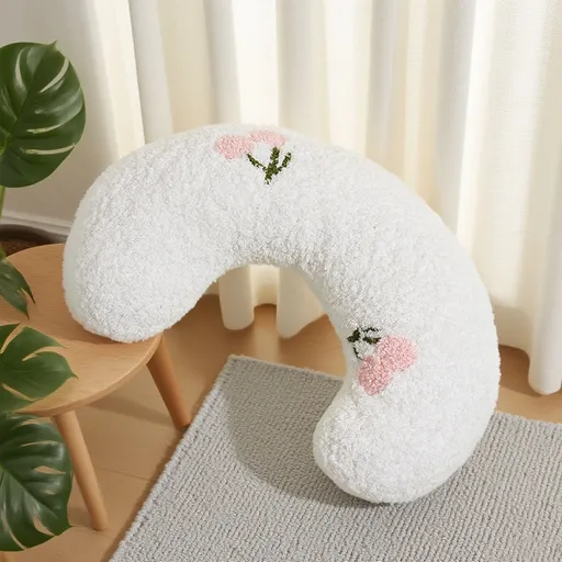 White Pet U-Shaped Pillow - Soft Teddy Velvet Neck Support Cushion for Dogs and Cats, Deep Sleep Aid with Embroidered Design, Lightweight and Comfortable Pet Bed Accessory