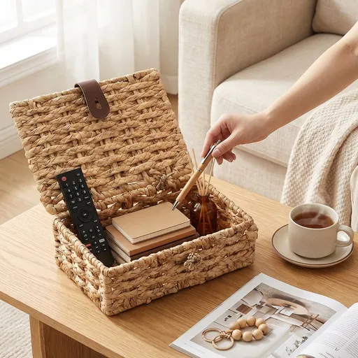 Woven Storage Basket with Lid Woven Storage Basket Gourd Grass Decorative Box for Shelf Coffee Table Console Table Home Decor