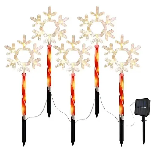 Solar Snowflake Stake Lights 5-Pack, Waterproof Outdoor Christmas Decor with 5 Glowing Snowflake Heads, Red-White Spiral Stakes and Warm White LEDs for Garden Pathway Yard Festive Ambiance (2Sets)