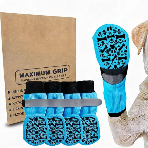 Pet Dog Socks Anti Slip Cotton Striped Blue bone design [premium storage bag] Xl super large sole about 8.6*20cm [recommended 20-30kg] [pack of four]