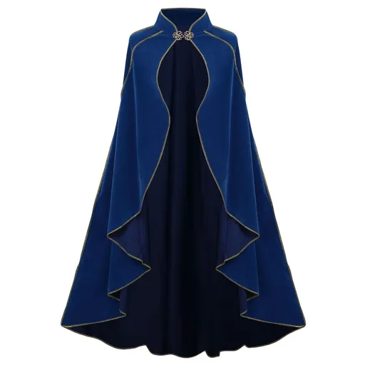 Women's Medieval Cloak Stand Collar Deluxe Velvet Gold Trim Cape for Adult（110cm blue）Renaissance Cloak with Hood Women Medieval Hooded Cape with Arm Holes for Halloween