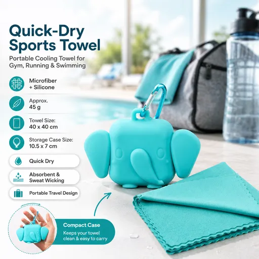 Blue Portable Quick Dry Towel with Elephant Storage Box - Microfiber Cooling Sports Sweat Towel with Silicone Case for Gym Swimming Travel