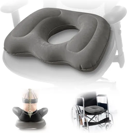 Grey Inflatable Donut Seat Cushion, Portable Tailbone Support for Office Chairs, Travel and Wheelchairs