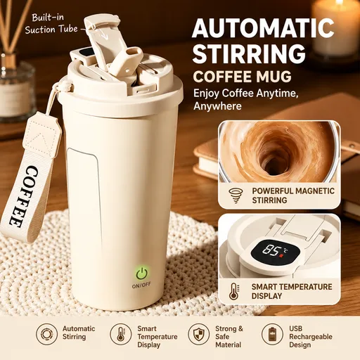 Automatic Stirring Coffee Mug 400ml USB Rechargeable Magnetic Mixing Tumbler with Smart Temperature Display Splash Resistant Lid Portable Coffee Cup for Home Office Travel Gym
