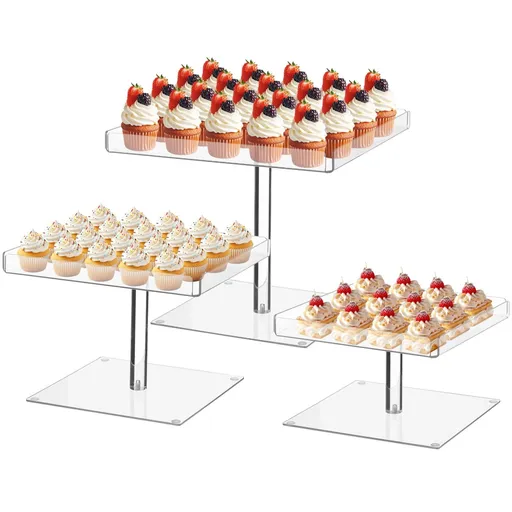 3PCS Acrylic Cupcake Stand Set, Clear Tiered Dessert Display Risers with Non-Slip Pads & Guard Edge, Square Serving Trays with Stainless Steel Food Tong for Wedding, Shower, Birthday