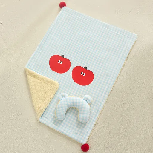 L size 2-Piece Plaid Apple Pet Blanket and Pillow Set - Soft Cotton Plush Sleeping Mat for Dogs and Cats, All-Season Reversible Cushion Bed with Cute Bear Pillow, Machine Washable Pet Bed Accessories