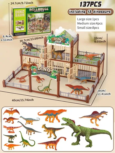 DIY Jurassic Theme Park Building Set for Kids, Creative Dinosaur Arena Toy with Realistic Dinosaurs and Palm Trees, Educational Playset for Ages 3+ to Build and Explore (137PCS, Brown)