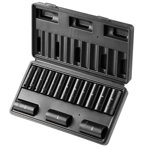 3/8" Drive Impact Socket Set, 15 Piece Deep Socket Set Metric 8-22mm, 6 Point Cr-Mo Alloy Steel for Auto Repair, Easy-to-Read Size Markings, Rugged Construction, Includes Storage Case