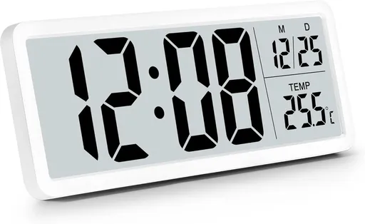 Battery-operated digital wall clock with large numbers, temperature display, 12/24 hour format for office, living room, bedroom, school