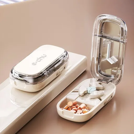 2-in-1 Pill Cutter with Storage Case, 1/2 & 1/3 Equal Parts Adjustable Tablet Splitter, Portable Travel Medicine Box - White