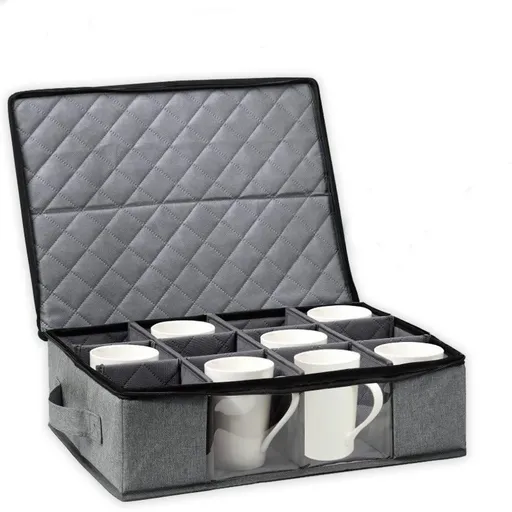 Coffee Cup Storage Box, Storage Containers Holds 12 Glassware, Coffee Mugs and Tea Cups, Padded Dinnerware Case with Dividers