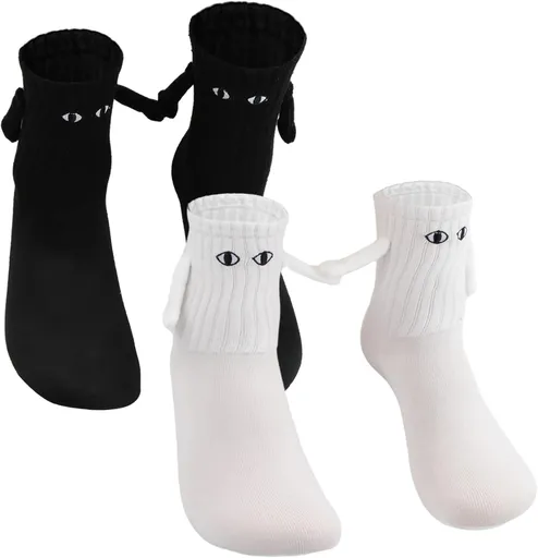 2 Pairs Hand In Hand Socks, Funny Magnetic Socks, Couple Holding Hands Socks, Friendship Socks, Novelty Socks for Women Men,Cute Socks with Eyes (White+Black)