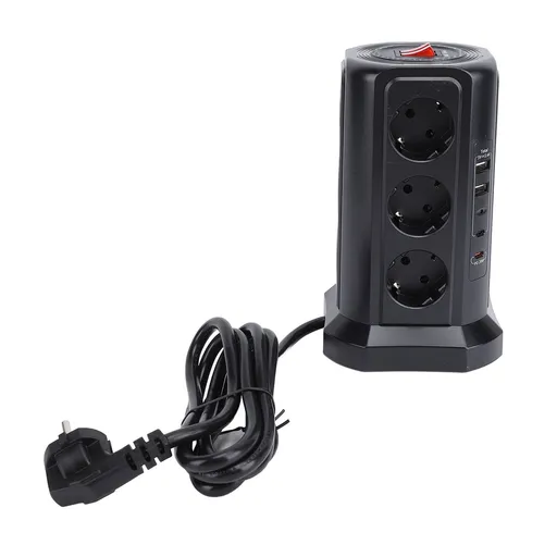 Tower Power Strip with Protector Switch Multiple Ports Vertical Space Saving Electric Tower Power Strip for Home Use Black