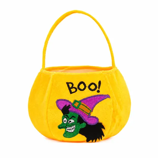 Yellow bag with witch design - Plush Halloween Trick or Treat Candy Bag - Polyester Tote with Embroidered Face, Lightweight Portable Goody Pouch for Party Favors and Trick or Treating