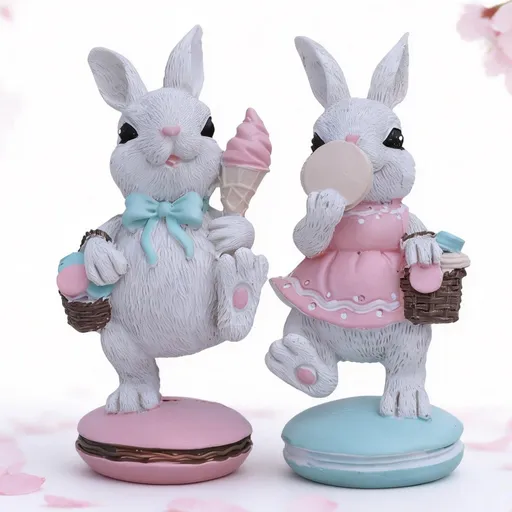 White Cute Resin Bunny Figurines Set of 2 in Pastel Colors for Home Office Desk or Shelf Decoration